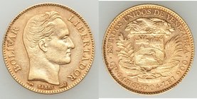 Republic gold 20 Bolivares 1904 XF, KM-Y32. 21.2mm. 6.46gm. AGW 0.1867gm. 

HID09801242017