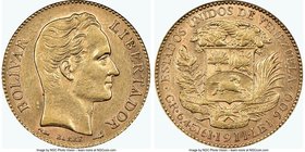 Republic gold 20 Bolivares 1911 AU58 NGC, KM-Y32. Die varieties exist in the placement of dot between date and Lei, Type 1 is evenly spaced, Type 2 ha...