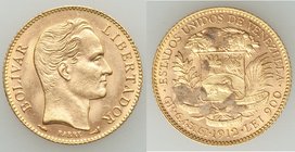 Republic gold 20 Bolivares 1912 AU (glue residue), Paris mint, KM-Y32. 21.2mm. 6.48gm. AGW 0.1867 oz. 

HID09801242017