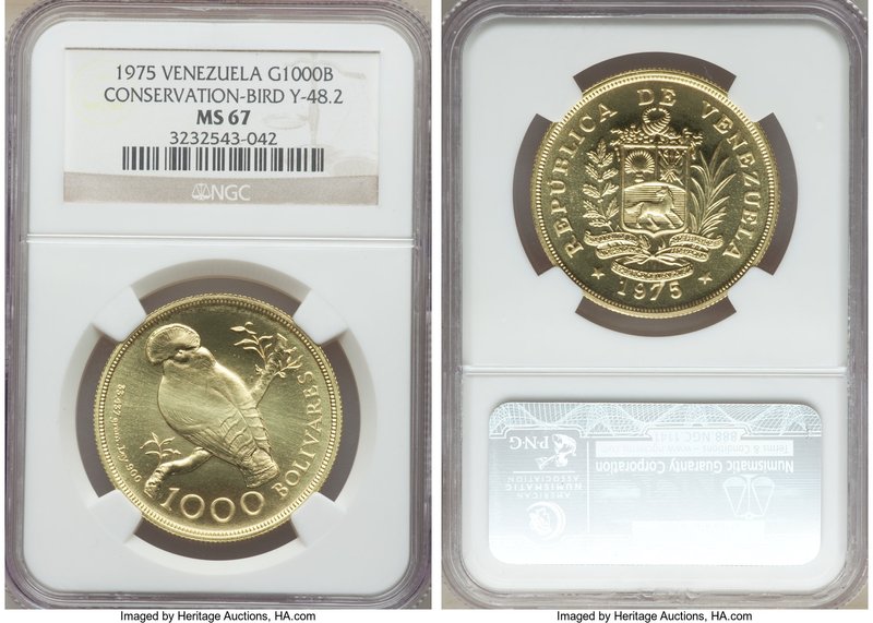 Republic gold "Cock of the Rocks" 1000 Bolivares 1975-(l) MS67 NGC, British Roya...
