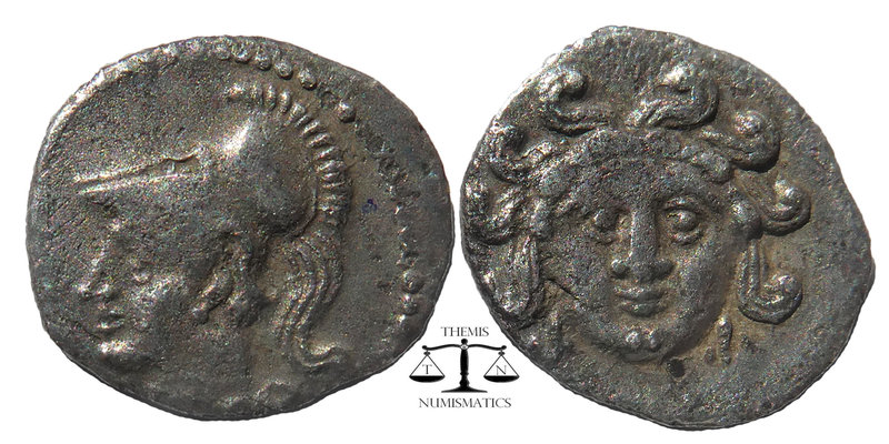 CILICIA, Uncertain mint. Circa 4th century BC. AR Obol 
Facing Gorgoneion / Helm...
