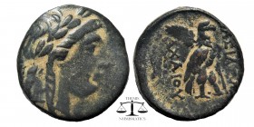 SELEUCID KINGDOM. Achaios.,Usurper ( 220-214 BC ). Sardes mint. Ae.
Obv: Laureate head of Apollo right.
Rev: _ AXAIOY. Eagle standing right, palm ov...