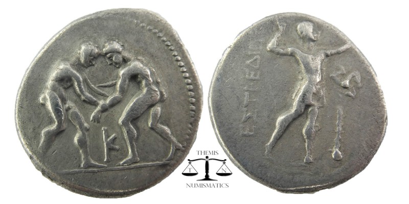 Pamphylia, Aspendos AR Stater. Circa 325-250 BC. Two wrestlers grappling; K betw...