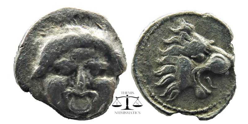 Selge, Pamphylia. AR Hemiobol, 4th Century BC.
Facing Gorgoneion.
Lion's head ...