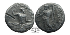 CILICIA, Mallos.Tiribazos, Satrap. 386-380 BC. AR Stater
Ahura-Mazda, body terminated by solar disk, holding wreath and lotus blossom 
Baal standing h...