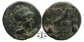 PHRYGIA. Apameia. Ae (Circa 88-40 BC).
Helmeted bust of Athena right, wearing aegis.
Eagle right, landing on maeander pattern; caps of the dioscuri, s...