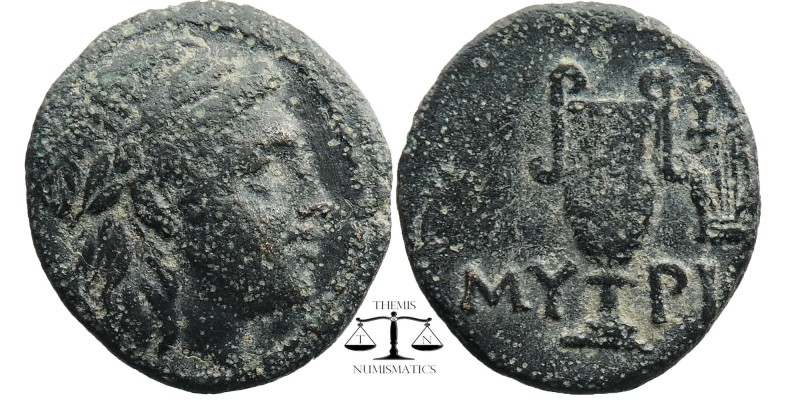 AEOLIS. Myrina. Ae (2nd-1st centuries BC).
Laureate head of Apollo right.
MY -...