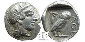 ATTICA. Athens. Tetradrachm AR (Circa 454-404 BC). 
Obv: Helmeted head of Athena right, with frontal eye. Rev: AΘE.
Owl standing right, head facing; o...