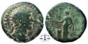 Marcus Aurelius. A.D. 161-180. AE sestertius
laureate head right.Salus standing left, feeding snake twined round altar
RIC 964; C. 544; BMC 1351; Sz...