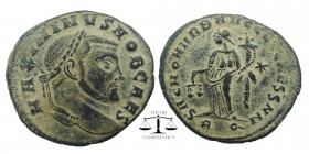 Galerius, as Caesar, 293 - 305 AD. AE Follis, Rome Mint.
Laureate head of Galerius right/Moneta standing left holding scales and cornucopia, star in ...