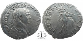 Trajan (AD 98-117). AR denarius. Rome, AD 114-117
Laureate, draped bust of Trajan right / Mars advancing right carrying spear and trophy. RIC 337. RS...