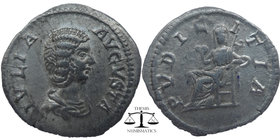 Julia Domna AR Denarius.
Caracalla (198-217 AD) for Iulia Domna.
Obv. IVLIA PIA FELIX AVG, Draped bust right.
Rev. PVDICITIA, Pudicitia, veiled, seate...