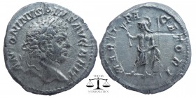 Caracalla AR Denarius. Rome, AD 201-213.
ANTONINVS PIVS AVG BRIT, laureate bust right
MARTI PACATORI, Mars, helmeted, standing facing, his head turn...