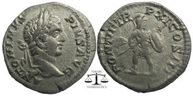 Caracalla AR Denarius. Rome, AD 208. ANTONINVS PIVS AVG, laureate head right 
 PONTIF TR P XI COS III, Mars in fighting stance right, holding spear an...