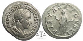 Gordian III. A.D. 238-244. AR denarius
IMP GORDIANVS PIVS FEL AVG, laureate, draped and cuirassed bust right / PIETAS AVGVSTI, Pietas standing left, ...