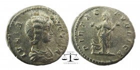 Julia Domna, wife of Septimius Severus AD 193-217. Rome Denarius AR .
IVLIA AVGVSTA, head right / PIETAS AVGG, Pietas standing dropping incense into ...