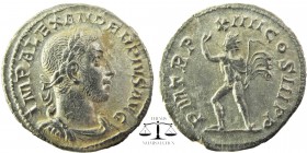 Severus Alexander (222-235 AD). AR Denarius
Obv. IMP ALEXANDER PIVS AVG, laureate and draped bust right.
Rev. P M TR P XIII COS III PP, Sol radiate,...