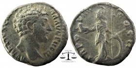 MARCUS AURELIUS, 161-180 AD. AR Denarius .
Bare head / Minerva standing holding spear, shield leaning on leg.
RIC.463b.
2,82 gr. 18 mm