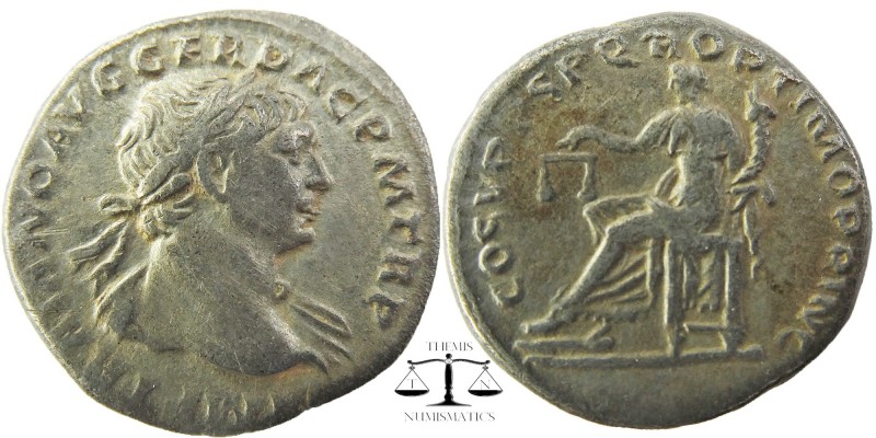 Trajan AR Denarius. Rome, circa AD 103.
Laureate bust right, slight drapery on ...