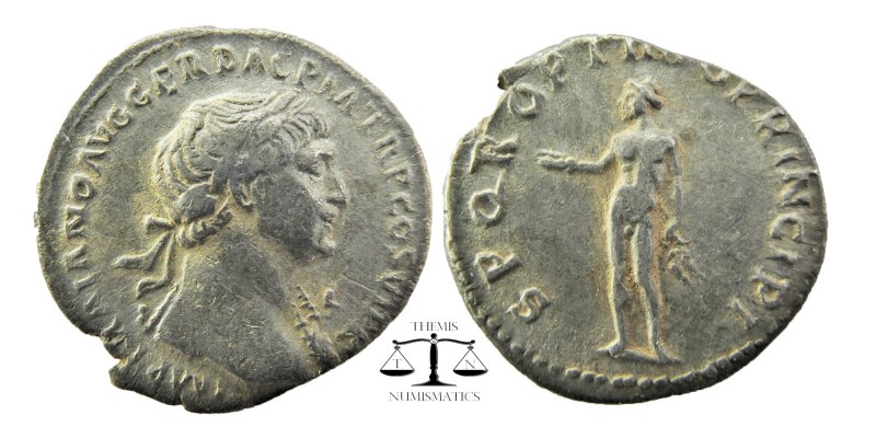 Trajan AD 98-117. Rome Denarius AR
laureate bust right
Genius standing left, h...