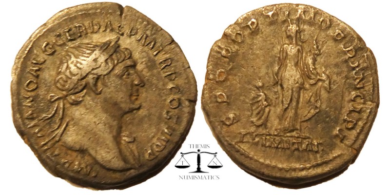 Trajan AR Denarius. Rome, AD 112-114.
laureate bust right, drapery on far shoul...