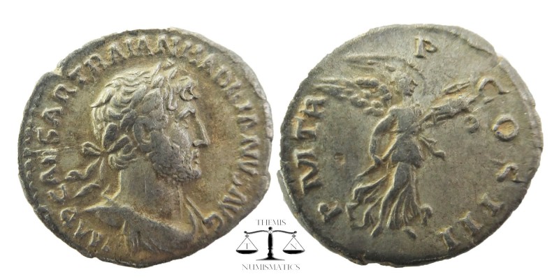Hadrian AR Denarius. Rome, AD 119-122.
laureate and draped bust right
Victory ...