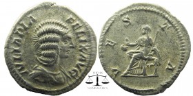 Iulia Domna (193-217 AD). AR Denarius (20 mm, 3.66 g)
draped bust right.
Vesta seated left, holding simpulum and sceptre.
RIC 391.
2,39 gr. 19 mm