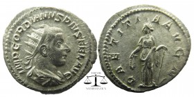 Gordian III AR Antoninianus. Rome, AD 241-243
radiate, draped and cuirassed bust right
Laetitia standing right with wreath and anchor.
RIC 86; RSC ...