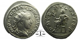 Gordianus III Pius (238-244 AD). AR Antoninianus
Radiate, draped and cuirassed bust right.
Apollo seated left, resting elbow on lyre.
RIC IV, p. 25...