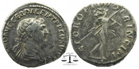 Trajan AD 98-117. Rome. Denarius. AR
laureate and draped bust right
Mars, nude, walking right, with spear in right hand and trophy in left over shou...
