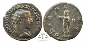 Gordian III AR Antoninianus. Rome, AD 241-243.
IMP GORDIANVS PIVS FEL AVG, laureate, draped and cuirassed bust right
AETERNITATI AVG, Sol standing r...