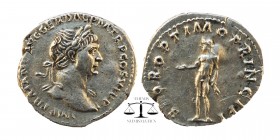 Trajan AR Denarius. Rome, AD 114-117.
laureate and draped bust right
Genius standing facing, nude, head left, holding patera in right hand and ears ...