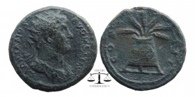 HADRIAN, A.D. 117-138. AE Bronze Quadrans
HADRIANVS AVGVSTVS." Bust radiate right drapery on left shoulder;
Reverse: "COS . III." Modius and corn-ea...