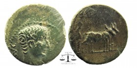 MACEDON. Uncertain (Philippi?). Augustus (27 BC-14 AD). Ae.
AVG. Bare head right.
Two pontiffs driving team of oxen right, plowing pomerium.
RPC 16...