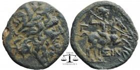 PISIDIA. Isinda. Ae (2nd-1st centuries BC).
Laureate head of Zeus right.
Warrior on horseback right, hurling spear; below, coiled serpent right; in ...