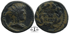 PHRYGIA. Peltae. Pseudo-autonomous. Ae (2nd-3rd centuries AD)
Radiate and draped bust of Helios right.
ΠΕΛ / TH / NΩΝ. Legend in 3 lines within wreath...