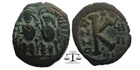 Justin II with Sophia, 565 - 578 AD Nikomedia. Half Follis
Justin on left and Sophia on right, seated facing on double throne, Justin holds a globus c...