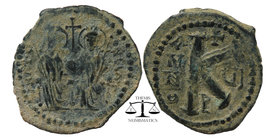 Justin II, with Sophia. 565-578. AE Half Follis
Justin and Sophia, both nimbate, enthroned facing; 
Justin holding globus cruciger and Sophia holding ...