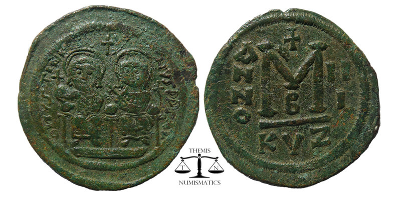 Justinus II (565-578) - AE Follis .Cyzicus
 Emperor with gl.cr. and empress Soph...