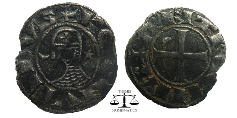 Bohemond III AR Denier Angtioch 1163-1188 AD
BOAИVHDVS, helmeted and mailed head...