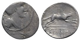 Celtic, Eastern Europe, Eravisci , late 1st century BC. AR Denarius (18mm, 2.70g, 11h). Imitating C. Postumius. Draped bust of Diana r., bow and quive...