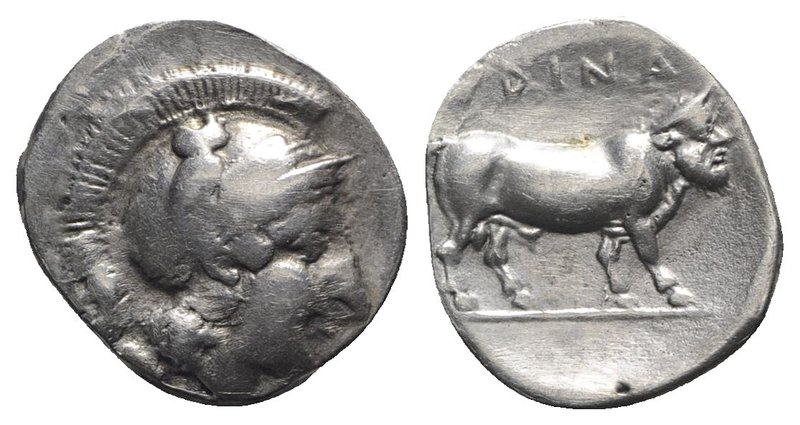 Southern Campania, Hyria, c. 405-395 BC. AR Didrachm (20mm, 5.85g, 3h). Helmeted...