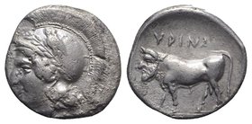 Southern Campania, Hyria, c. 405-395 BC. AR Didrachm (20.5mm, 7.00g, 5h). Head of Athena l., wearing Attic helmet decorated with laurel crown and owl....