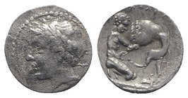 Southern Campania, Neapolis, c. 320-300 BC. AR Obol (9mm, 0.44g, 1h). Laureate male head l. R/ Herakles kneeling r., strangling Nemean lion. HNItaly 5...
