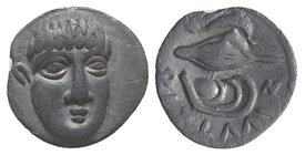 Southern Campania, Phistelia, c. 325-275 BC. AR Obol (9mm, 0.61g, 9h). Male head facing slightly r. R/ Dolphin, barley grain, and mussel shell. Rutter...