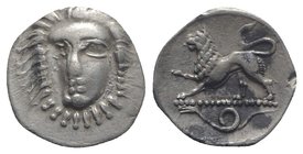 Southern Campania, Phistelia, c. 325-275 BC. AR Obol (10mm, 0.69g, 11h). Female head facing slightly l. R/ Lion standing l.; coiled serpent in exergue...