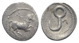 Northern Apulia, Arpi, c. 325-275 BC. AR Obol (9mm, 0.64g, 6h). Horse prancing r.; A above. R/ Fishhook; Λ to r. HNItaly 635; SNG BnF 1224; SNG ANS 63...