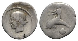 Southern Apulia, Tarentum, c. 470-465 BC. AR Nomos (20mm, 6.71g, 3h). Phalanthos seated l. on dolphin, both hands extended, pecten below. R/ Head of A...
