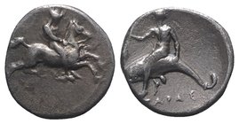 Southern Apulia, Tarentum, c. 390-385 BC. AR Nomos (19mm, 7.64g, 2h). Youth on horseback r.; Λ below horse. R/ Phalanthos riding dolphin l., holding a...