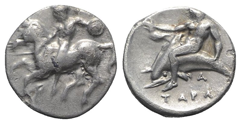 Southern Apulia, Tarentum, c. 380-375/0 BC. AR Nomos (19mm, 7.89g, 9h). Nude war...